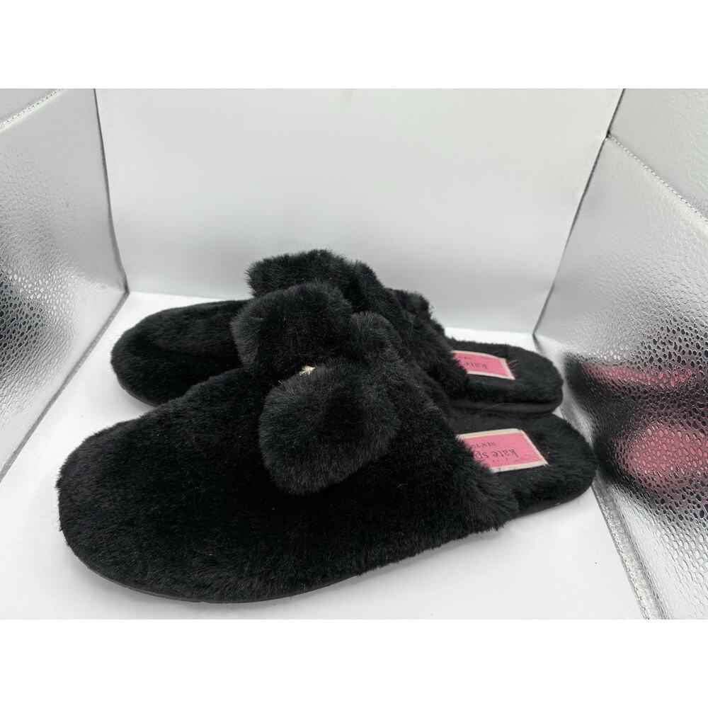 Kate Spade New York Jazzy Faux Fur Slide Slippers Size 8 Black Bow Spade Logo